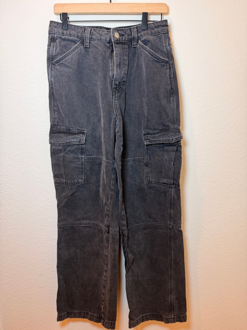 H&M Dark Grey Washed Cargo Jeans Straight Leg Utility Pants‎ Grunge Streetwear 6